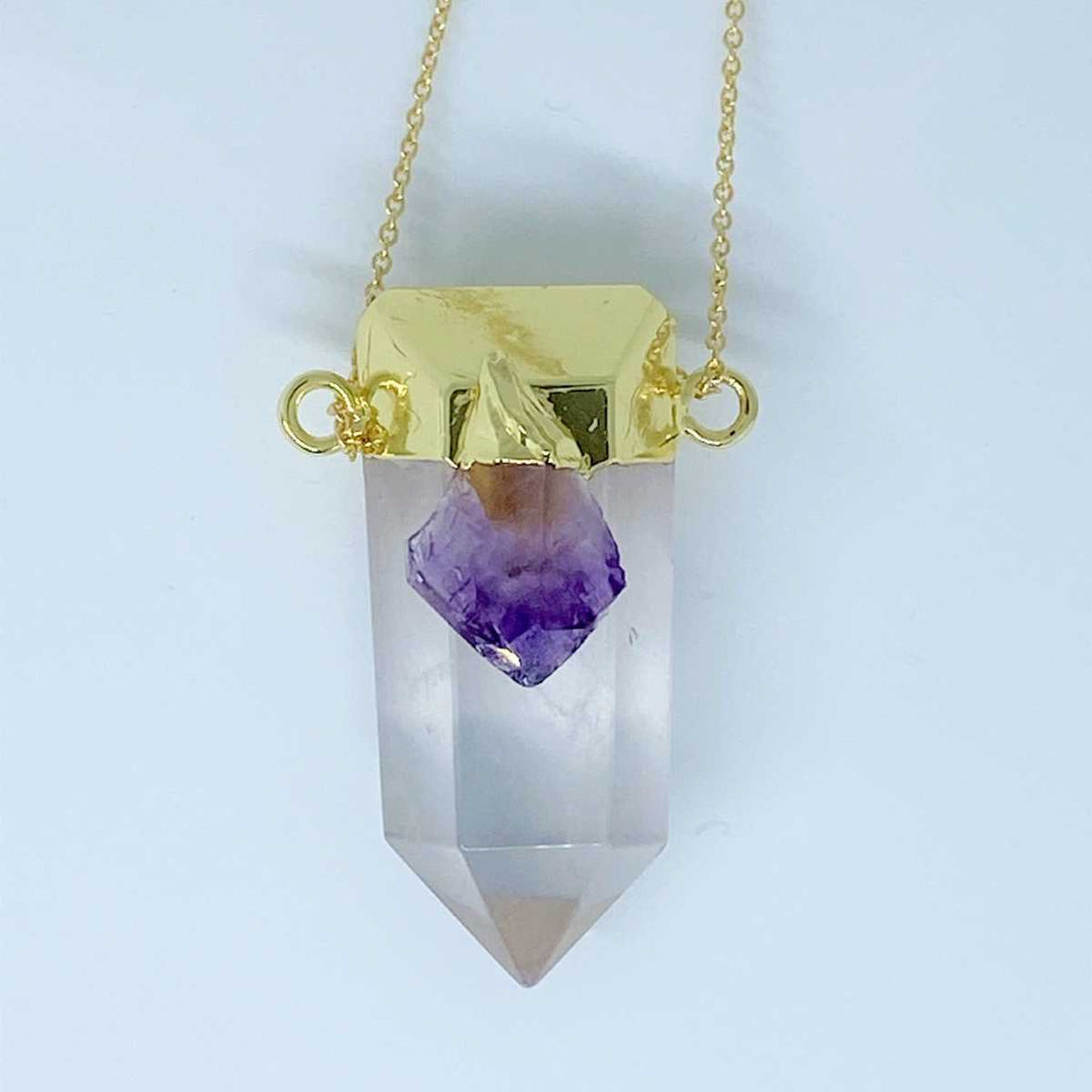 Large clear quartz point pendant with amethyst - Love To Shine On