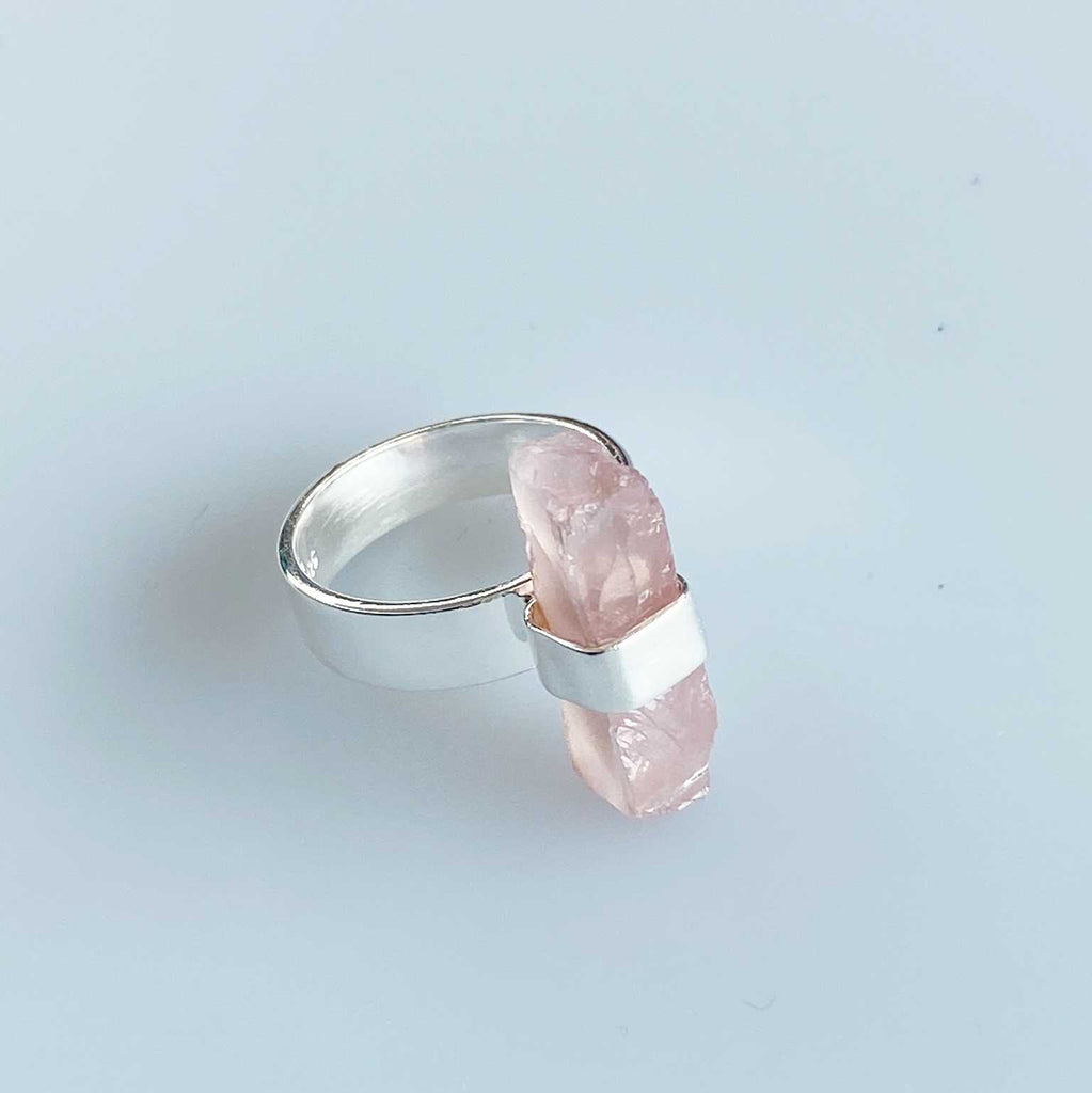 Rose quartz long raw crystal ring - Love To Shine On