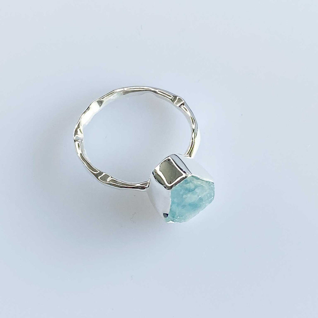 Aquamarine raw silver gemstone wavy ring - Love To Shine On