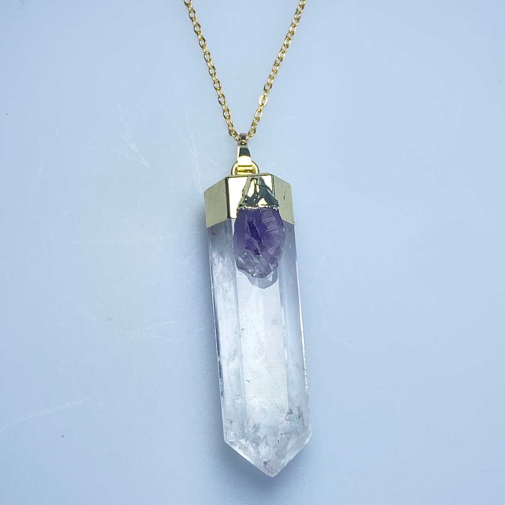 Amethyst and clear quartz crystal point necklace - Love To Shine On