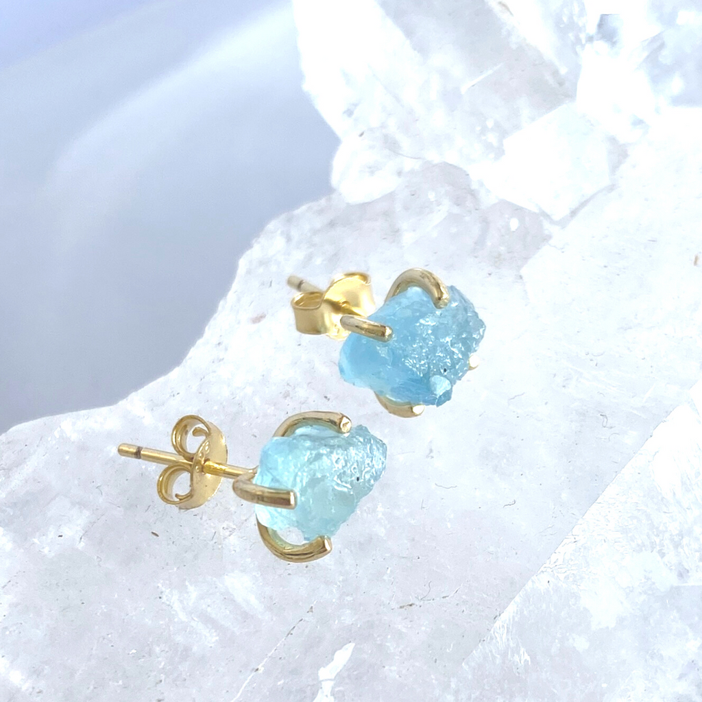 Aquamarine raw gemstone stud earrings - Love To Shine On