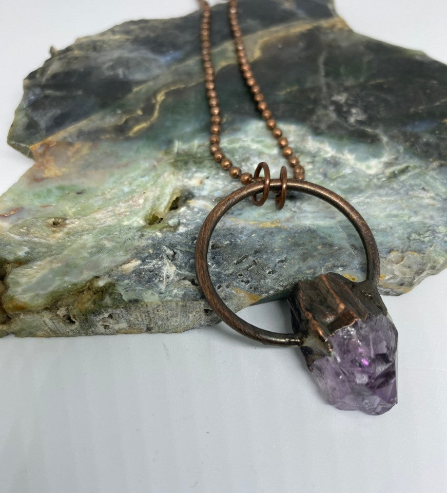 Raw amethyst crystal stone with antique rose gold ring necklace - Love To Shine On