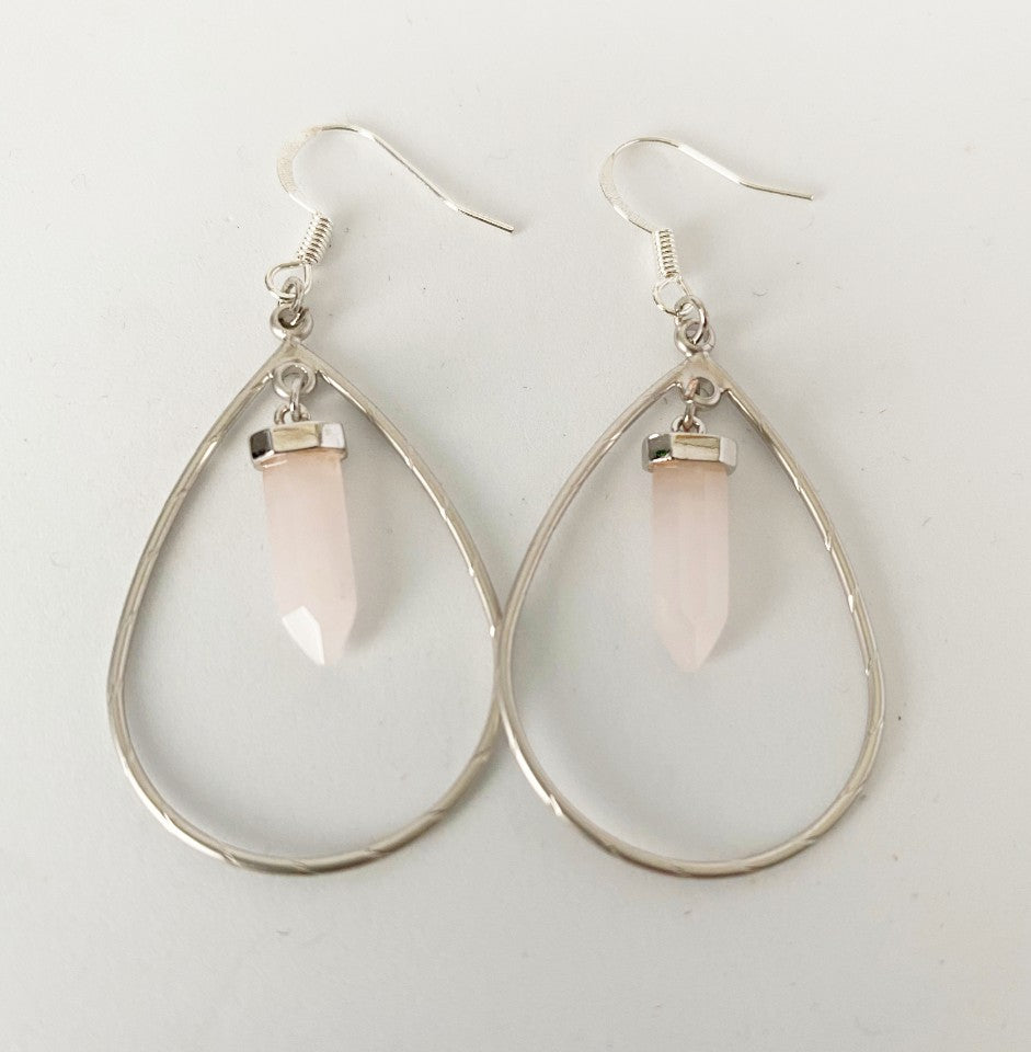 Open teardrop rose quartz crystal point earring - Love To Shine On