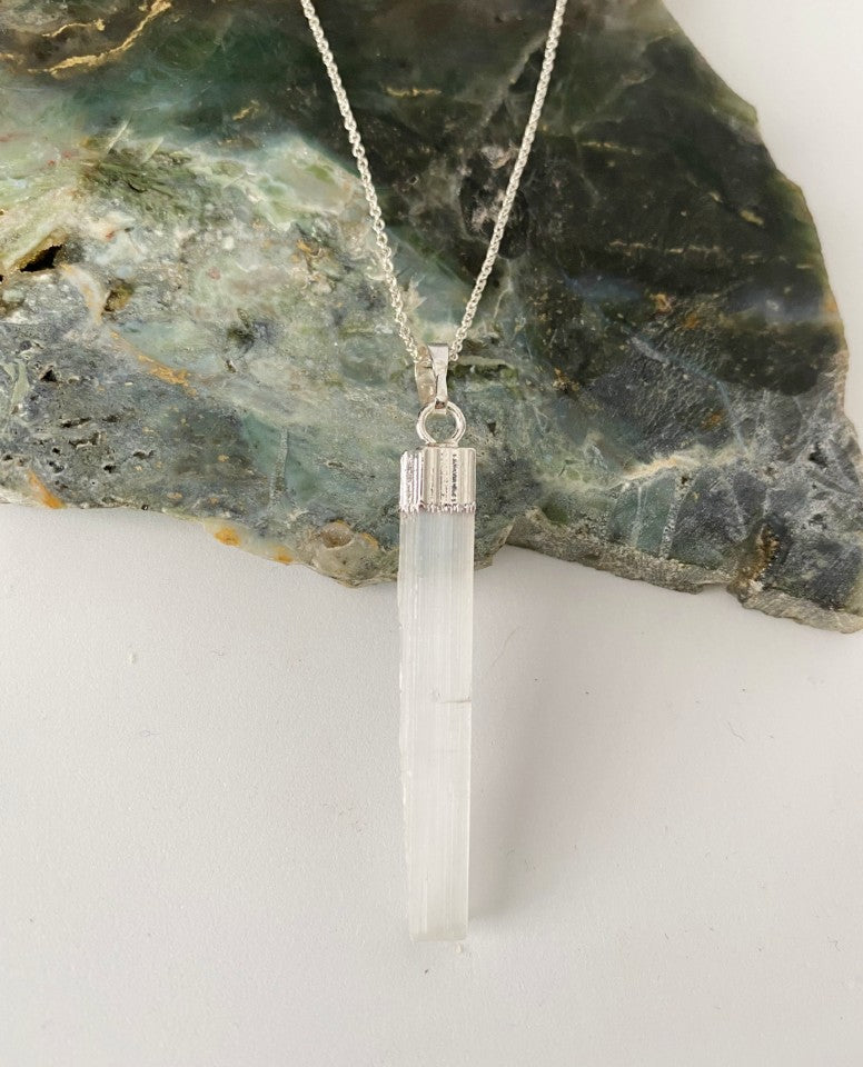 Slim natural selenite pendant necklace - Love To Shine On