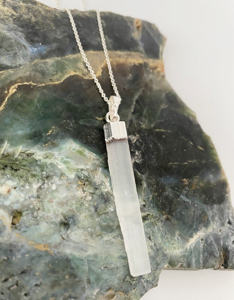 Slim natural selenite pendant necklace - Love To Shine On