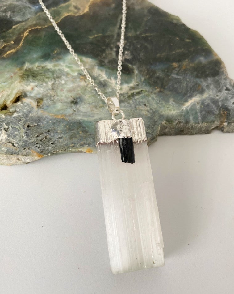 Slender selenite with black tourmaline - Love To Shine On