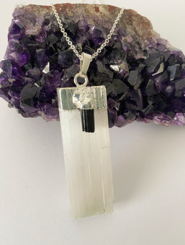 Slender selenite with black tourmaline - Love To Shine On