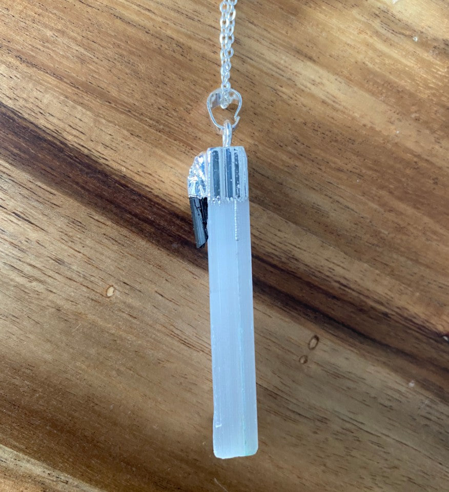 Slender selenite with black tourmaline - Love To Shine On