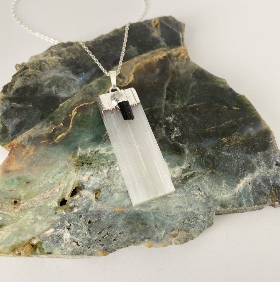 Slender selenite with black tourmaline - Love To Shine On