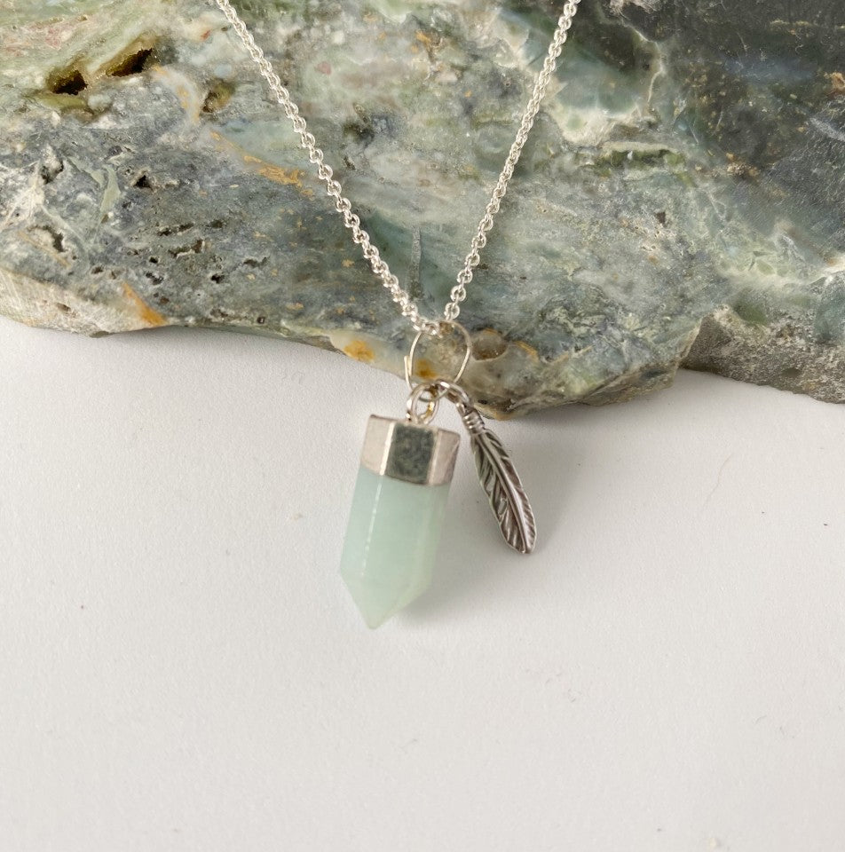 Petite aventurine point pendant with feather necklace - Love To Shine On