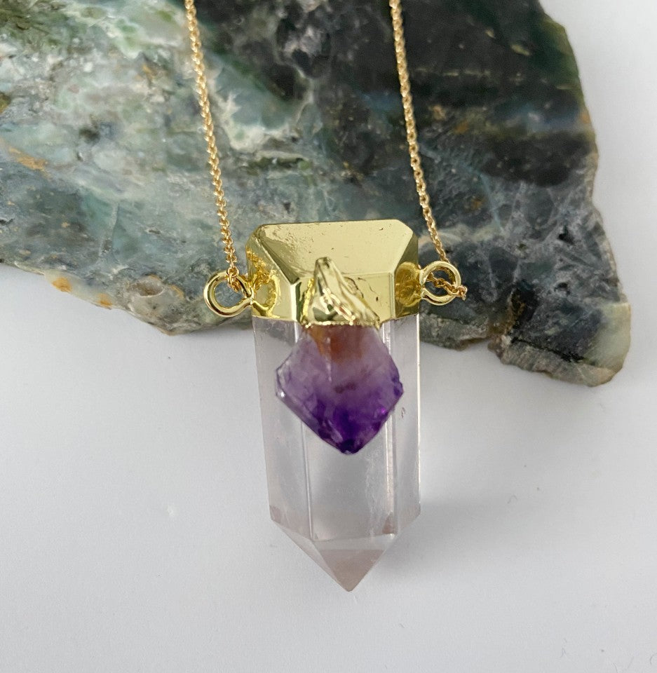 Large clear quartz point pendant with amethyst - Love To Shine On