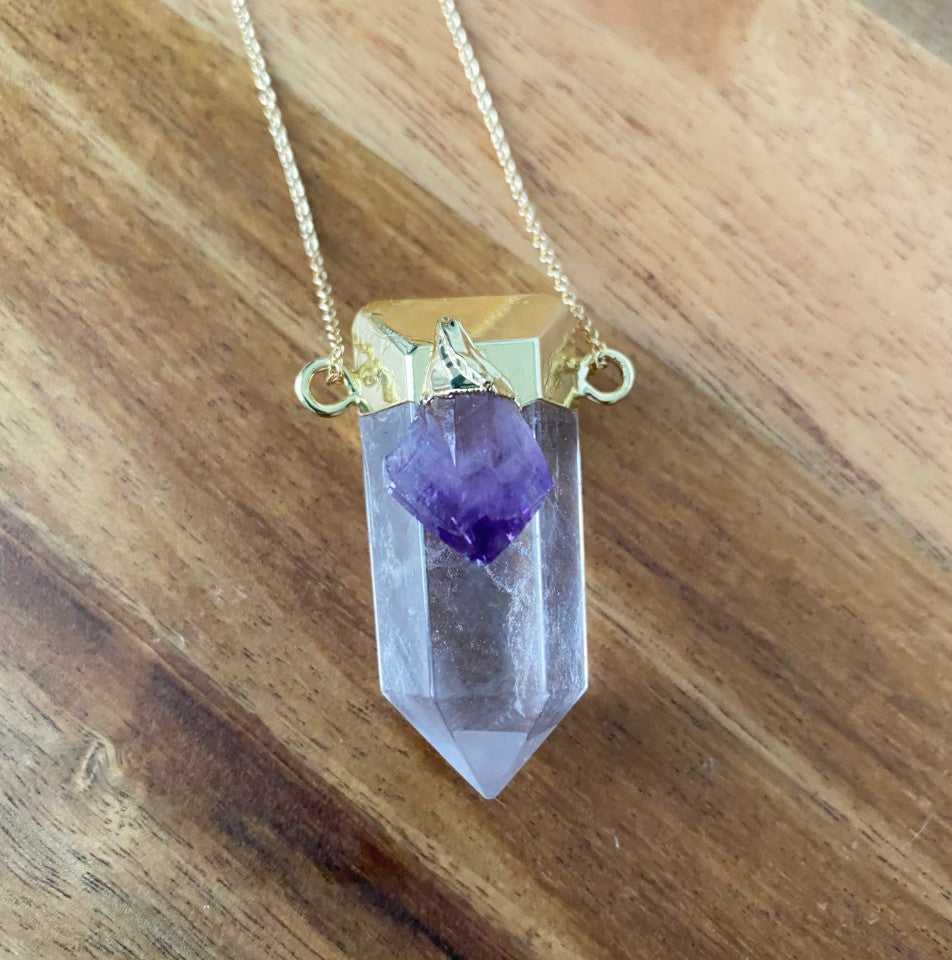 Large clear quartz point pendant with amethyst - Love To Shine On