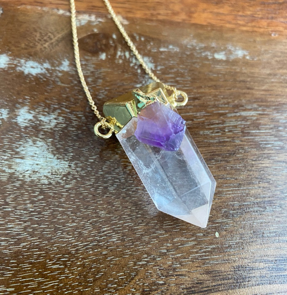 Large clear quartz point pendant with amethyst - Love To Shine On