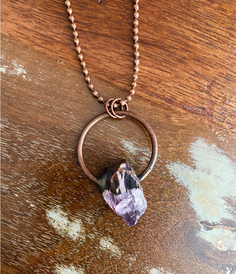 Raw amethyst crystal stone with antique rose gold ring necklace - Love To Shine On