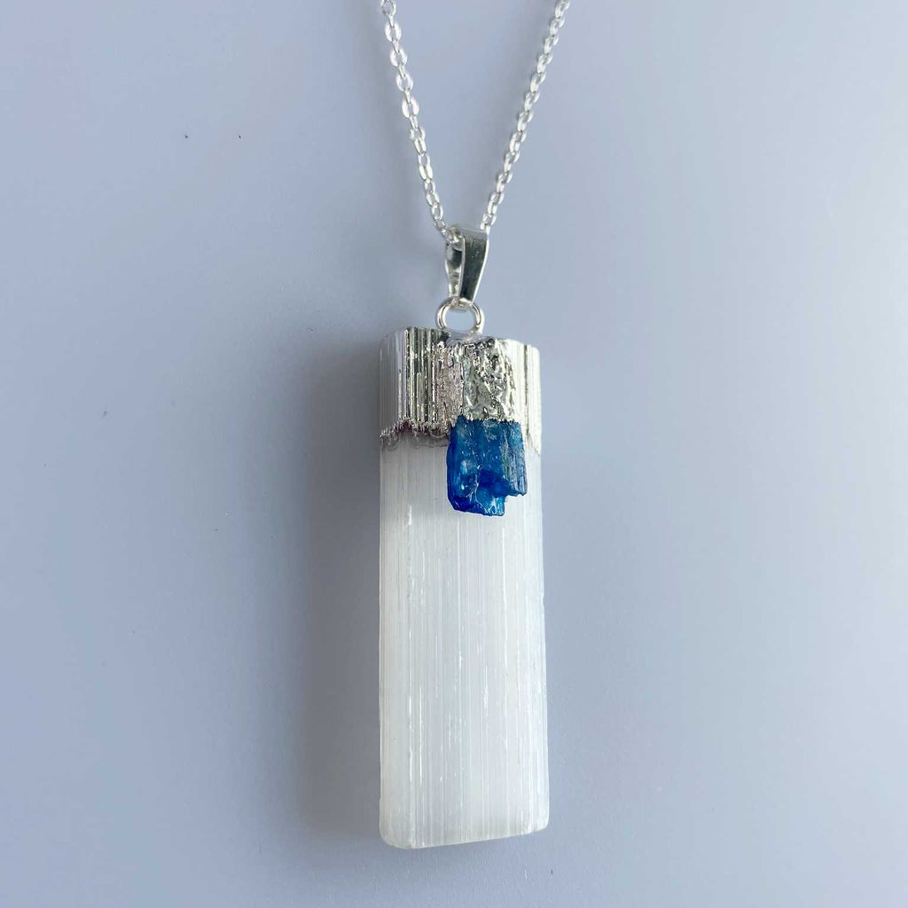 Slender selenite with blue kyanite - Love To Shine On