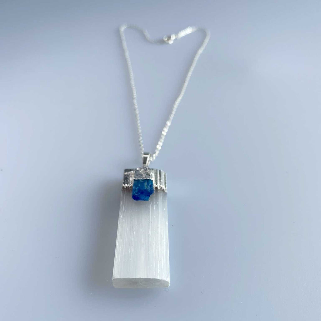 Slender selenite with blue kyanite - Love To Shine On