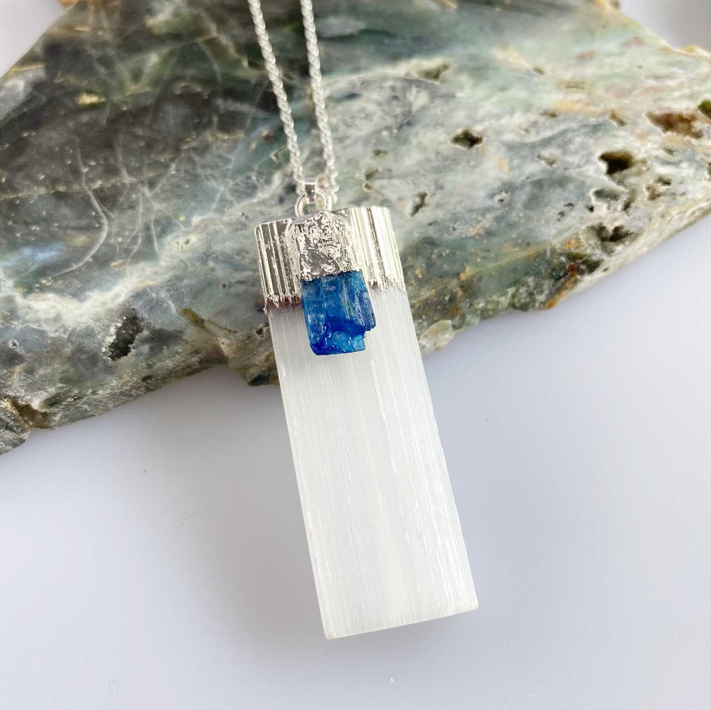 Slender selenite with blue kyanite - Love To Shine On