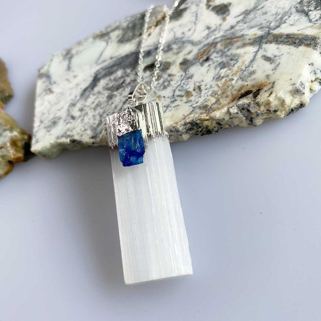 Slender selenite with blue kyanite - Love To Shine On