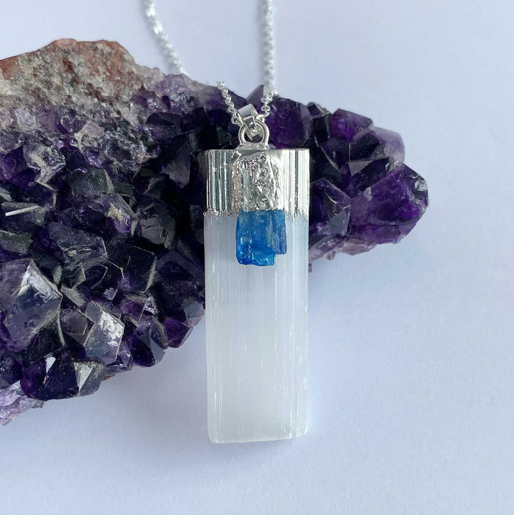 Slender selenite with blue kyanite - Love To Shine On