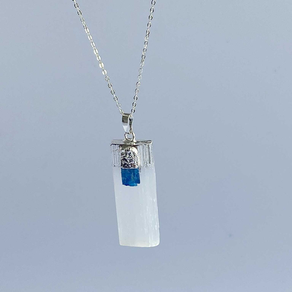 Slender selenite with blue kyanite - Love To Shine On