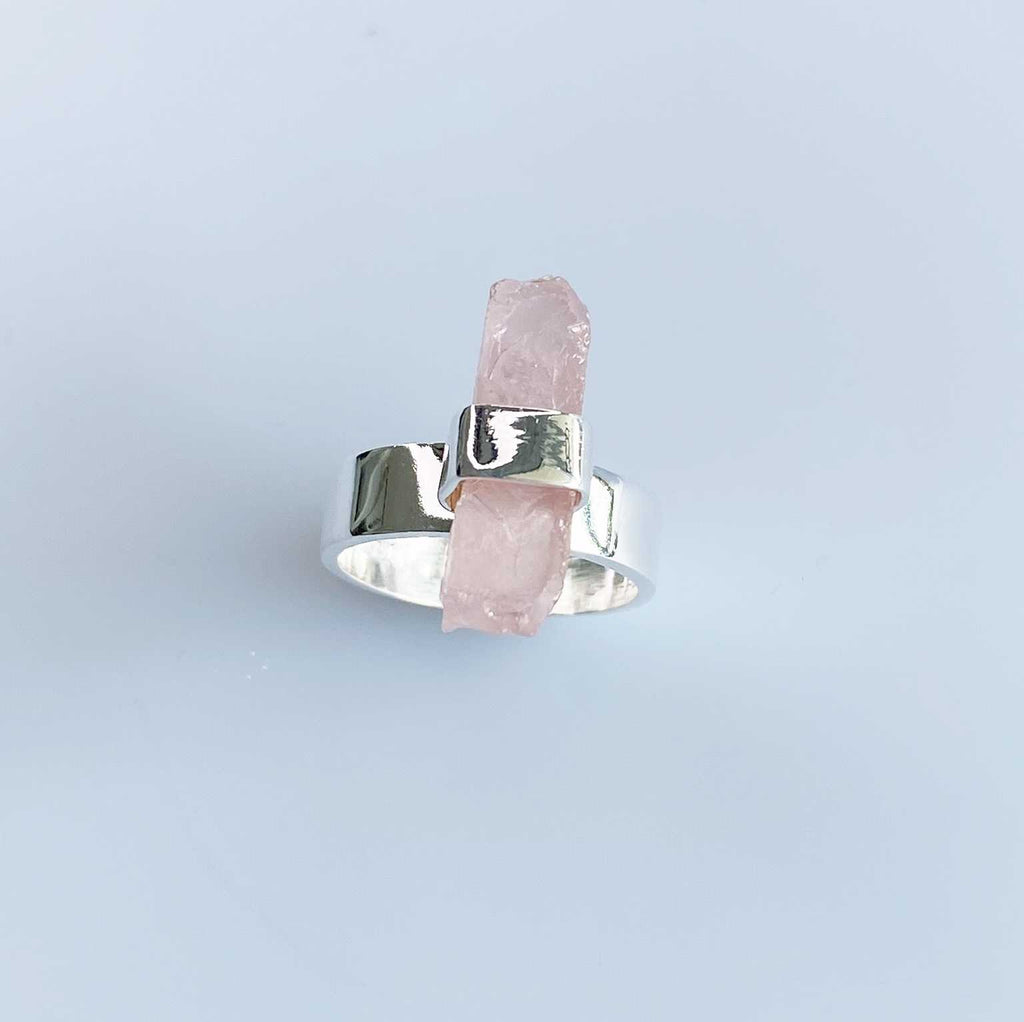 Rose quartz long raw crystal ring - Love To Shine On