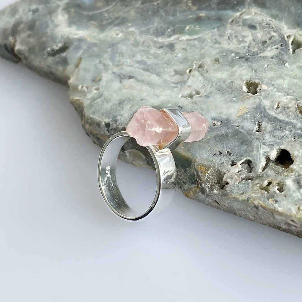 Rose quartz long raw crystal ring - Love To Shine On