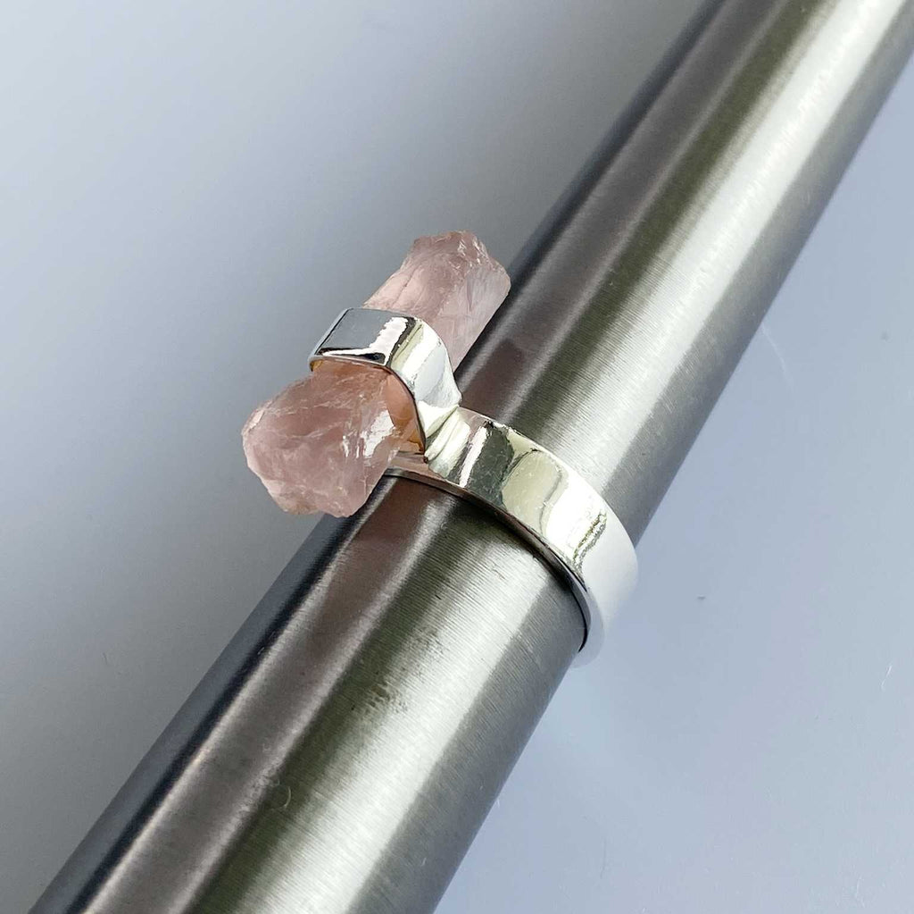 Rose quartz long raw crystal ring - Love To Shine On