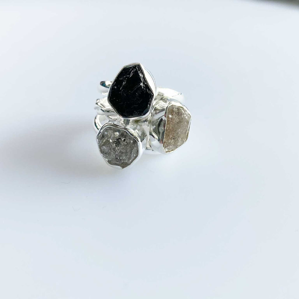 Black tourmaline and herkimer diamond ring - Love To Shine On