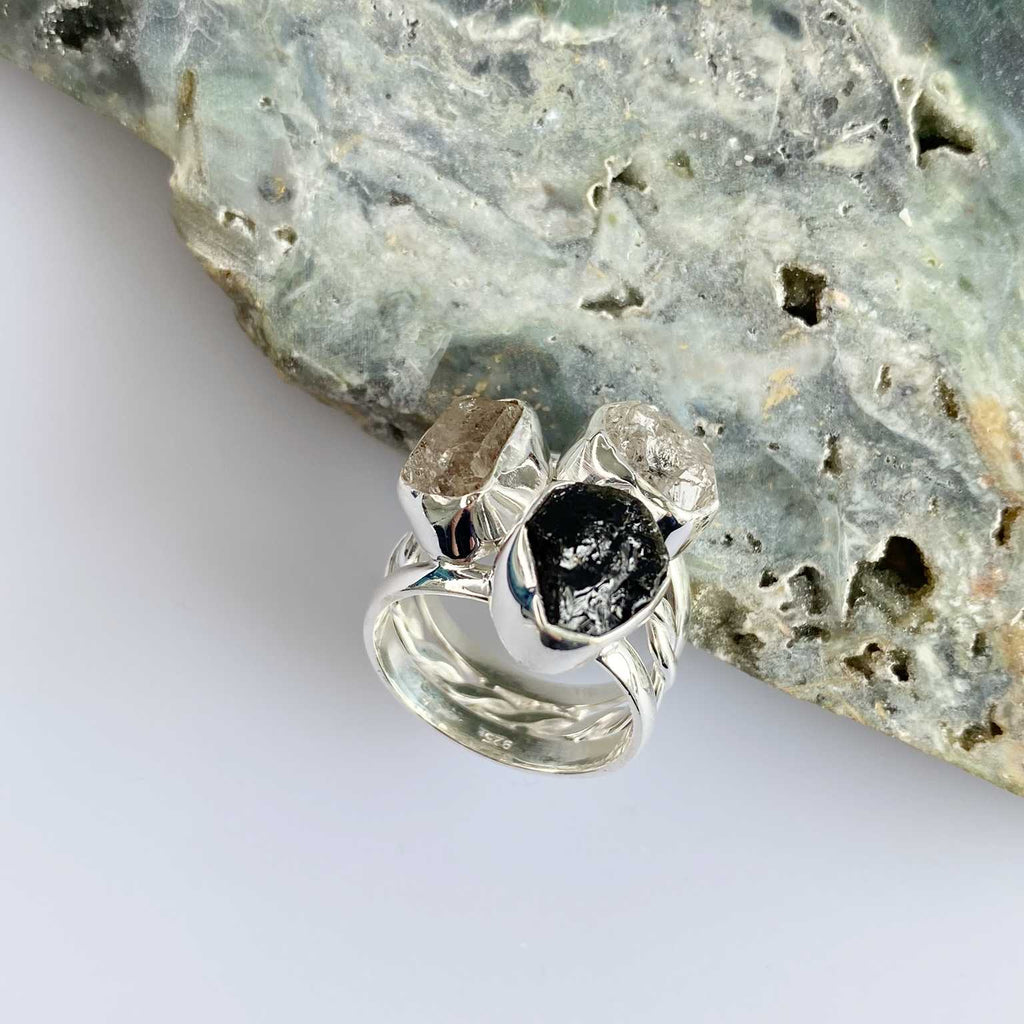 Black tourmaline and herkimer diamond ring - Love To Shine On