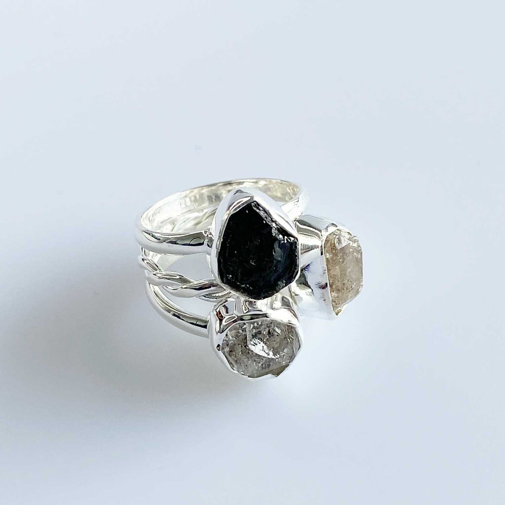 Black tourmaline and herkimer diamond ring - Love To Shine On