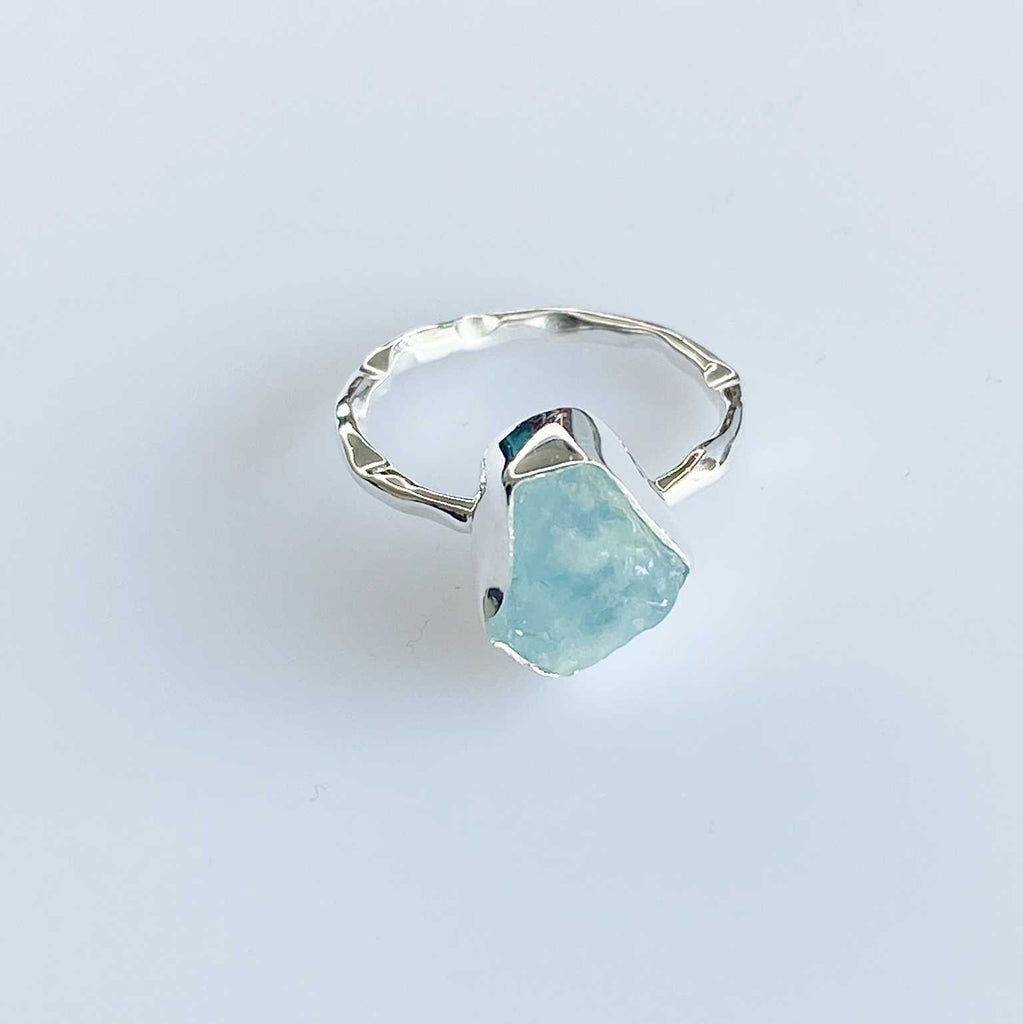 Aquamarine raw silver gemstone wavy ring - Love To Shine On