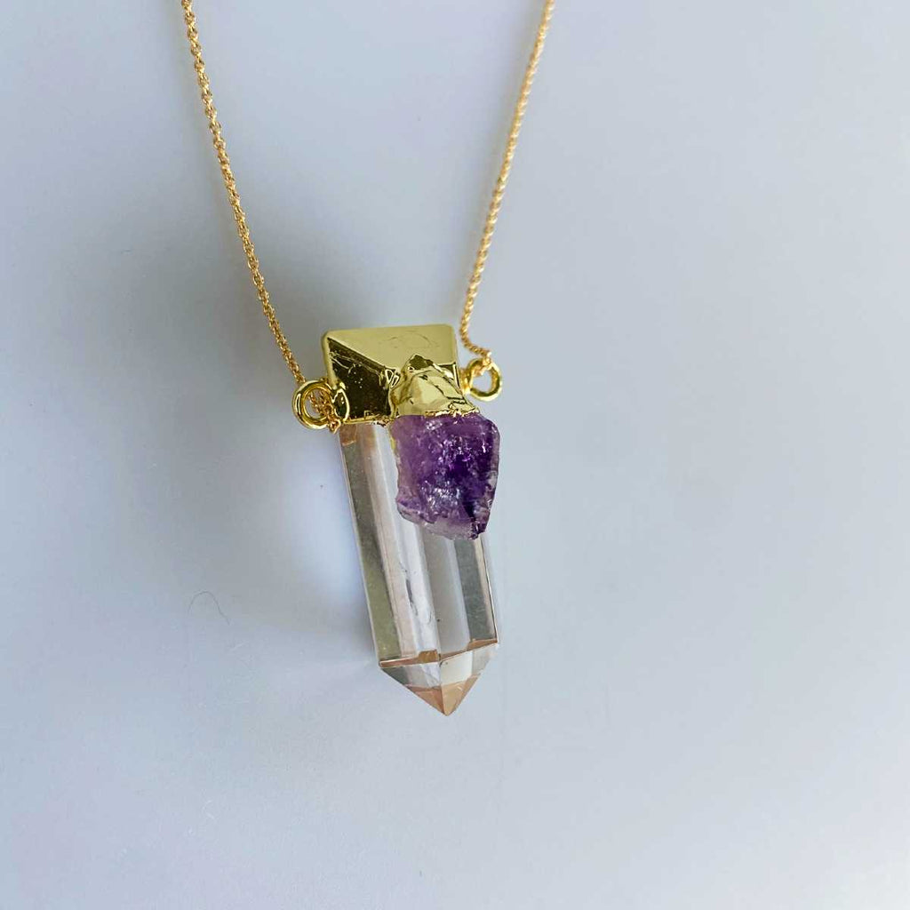 Large clear quartz point pendant with amethyst - Love To Shine On