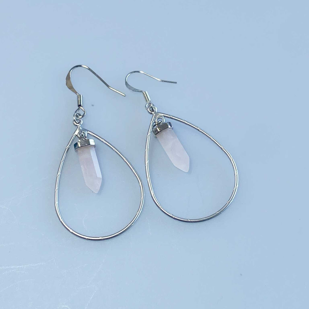 Open teardrop rose quartz crystal point earring - Love To Shine On