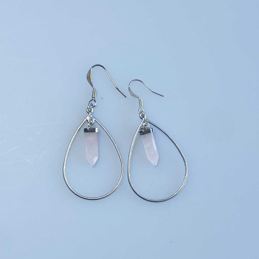 Open teardrop rose quartz crystal point earring - Love To Shine On