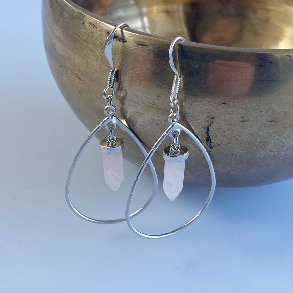 Open teardrop rose quartz crystal point earring - Love To Shine On