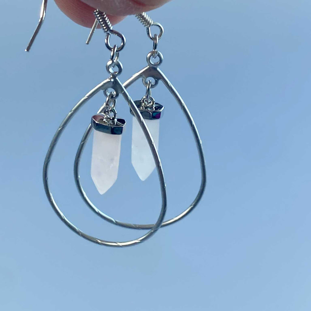 Open teardrop rose quartz crystal point earring - Love To Shine On