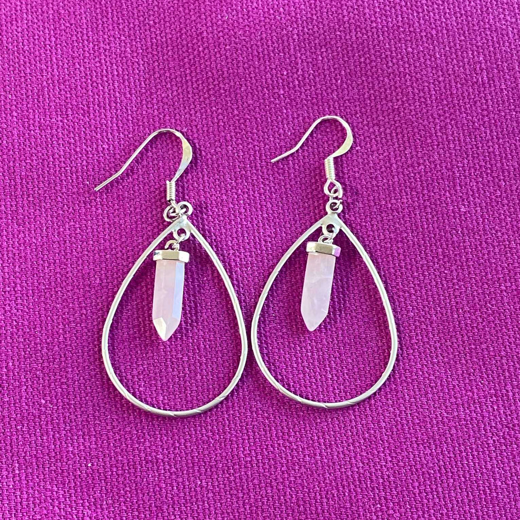 Open teardrop rose quartz crystal point earring - Love To Shine On