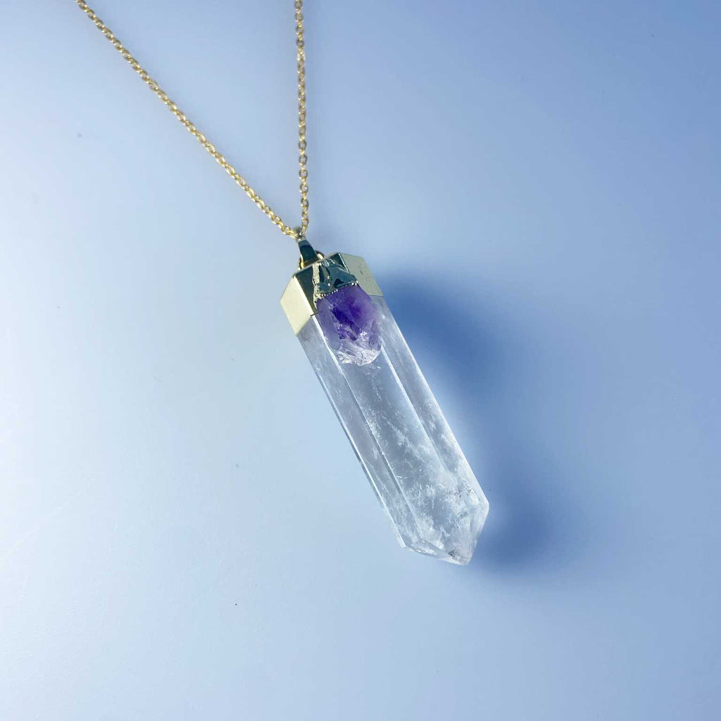 Amethyst and clear quartz crystal point necklace - Love To Shine On