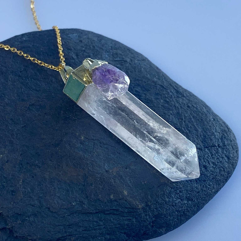 Amethyst and clear quartz crystal point necklace - Love To Shine On