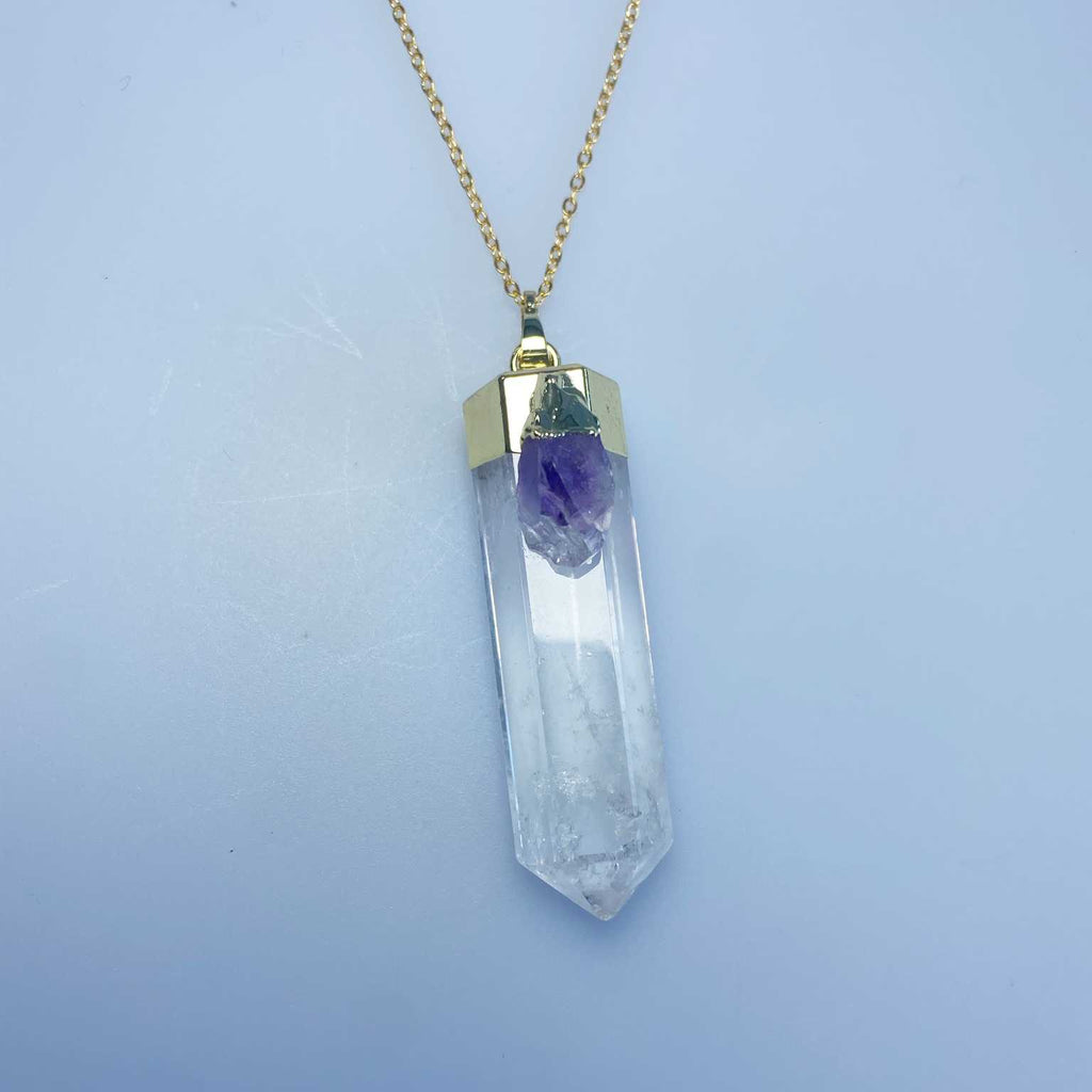 Amethyst and clear quartz crystal point necklace - Love To Shine On