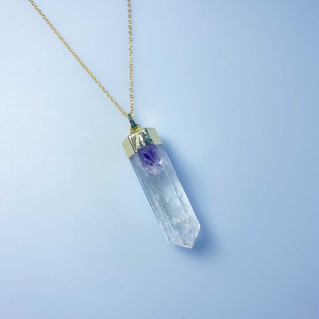 Amethyst and clear quartz crystal point necklace - Love To Shine On